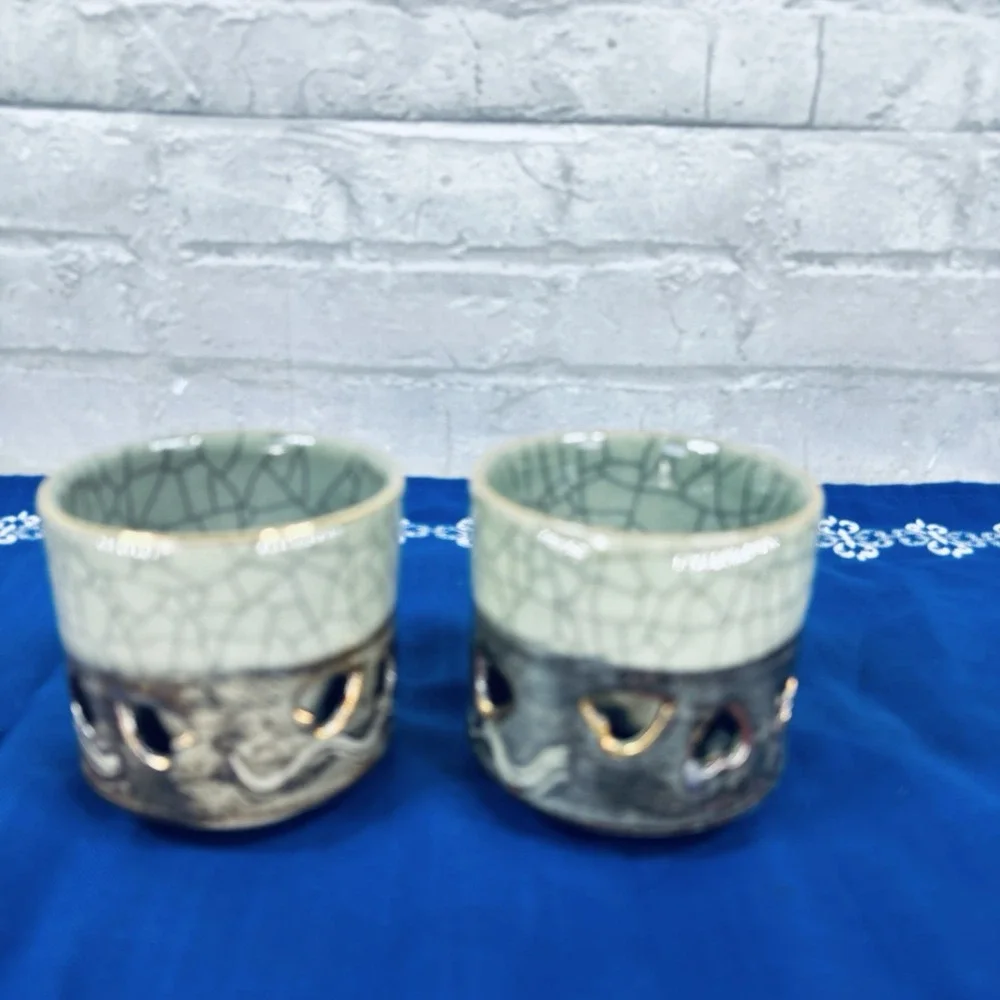 Japan Somayaki 2 Tea Cups Crackle Glaze Double Wall Heart Soma Horse Inside Gold